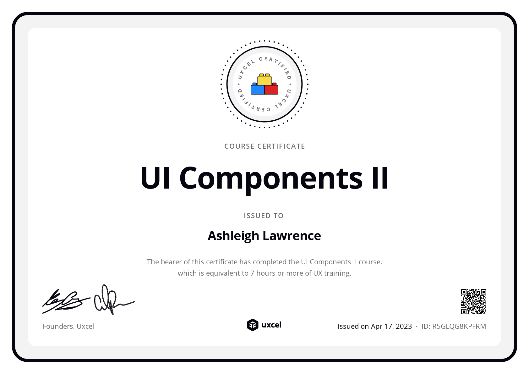 Ashleigh Lawrence's certificate